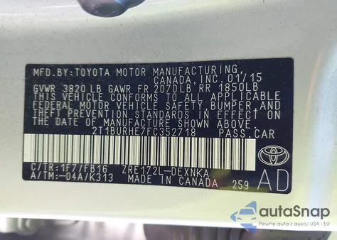 2015 Toyota Corolla Le from USA, damaged, VIN 2T1BURHE7FC352718